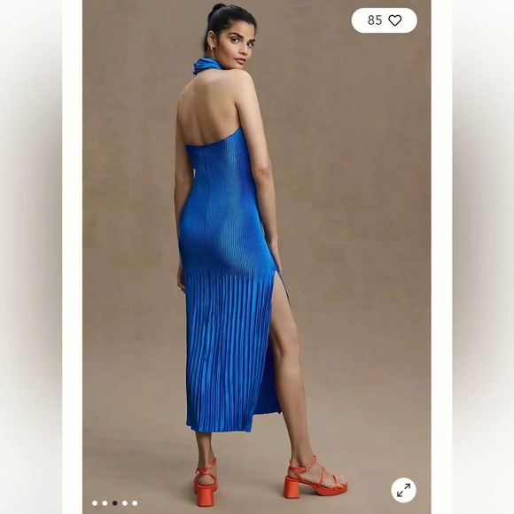 NWT L’idee Soirée Pleated Halter Neck Side Slit Gown Size AU14/US10 Blue - Picture 2 of 13